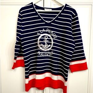 Marie Claire Boutiques Size XL Women’s V Neck 3/4 Length Sleeves Navy White Red